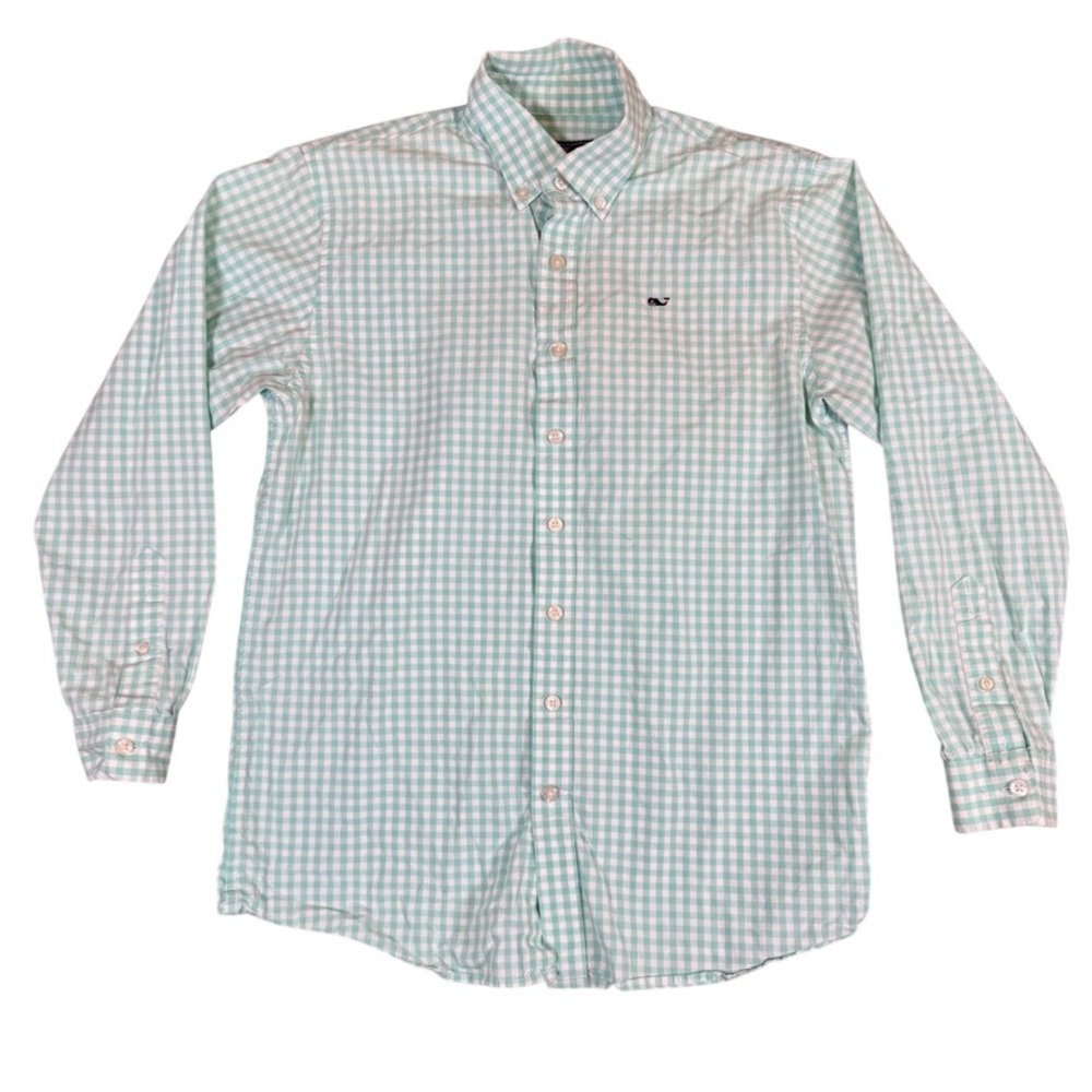 Vineyard Vines Women's Mint Green Gingham Whale Logo Button Down Shirt Size L